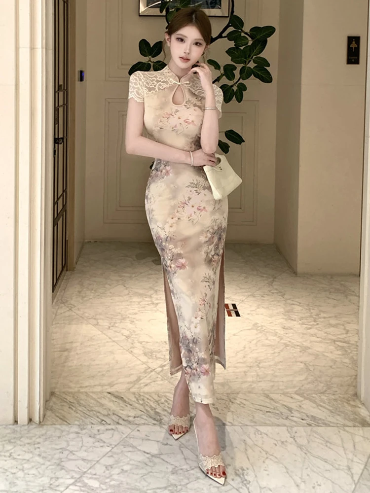 Elegant Slimming Lace Panelled Printed Open-Front Short-Sleeve Midi Dress Chinese Style High Waist Skirt Fit Bodycon Dress