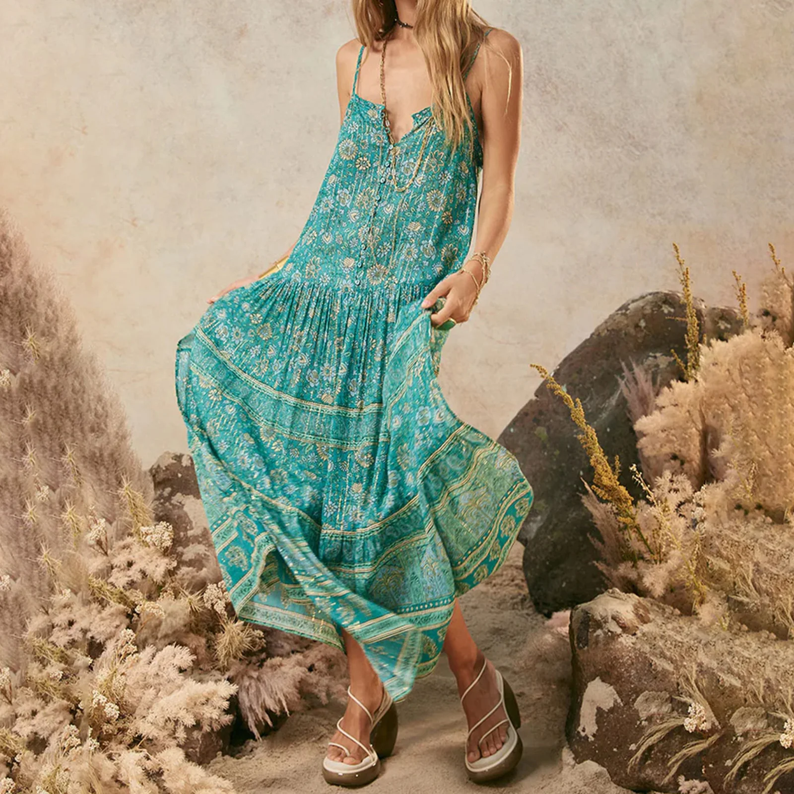 Women Spaghetti Strap Dress Boho Floral Print V-Neck Long Flowy Dress For Beach Vacation Summer Party Daily Wear Streetwear