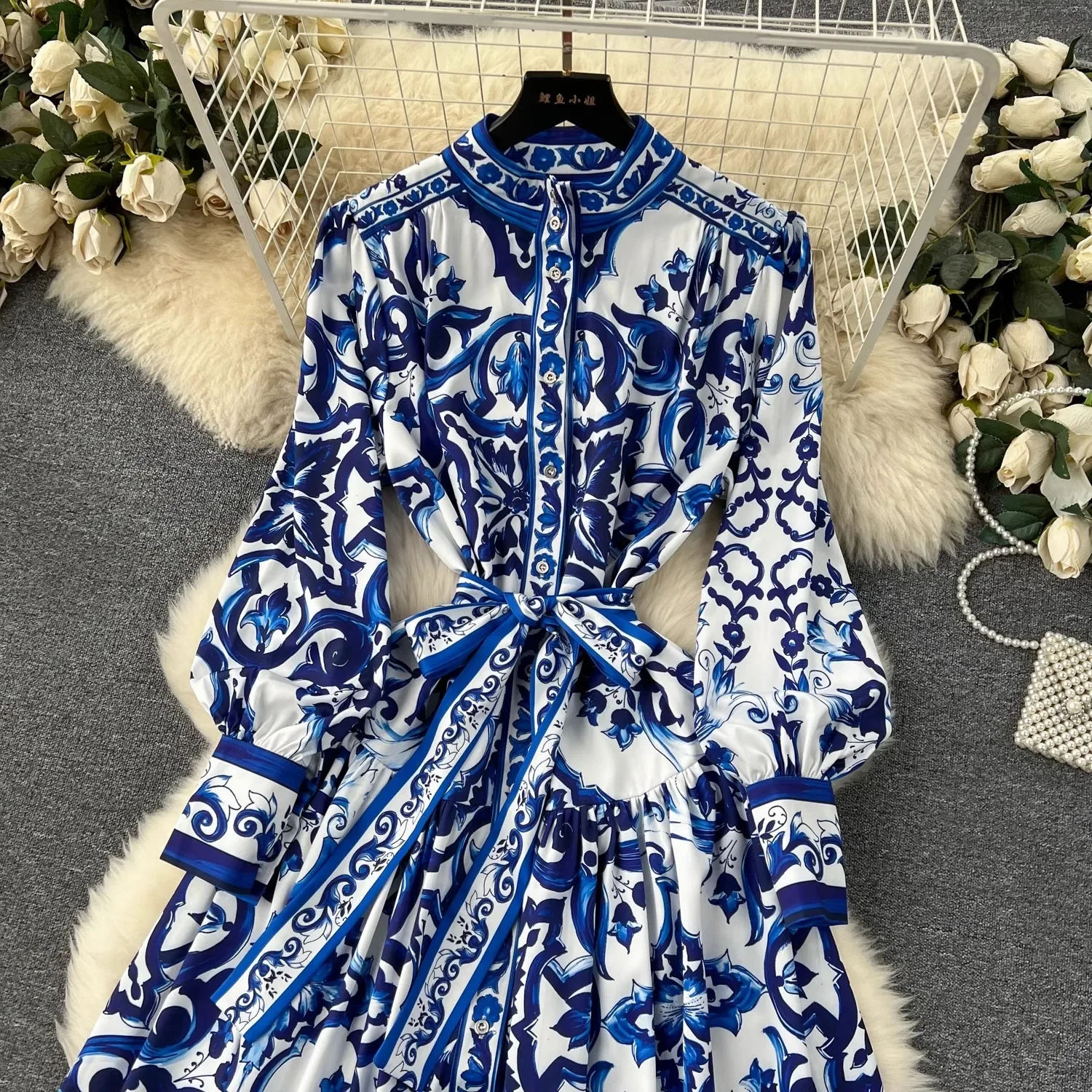 TRAF Runway Blue And White Porcelain Print Holiday Maxi Dress Women\'s Stand Single Breasted Loose Lace- Up Long Robe Vestido