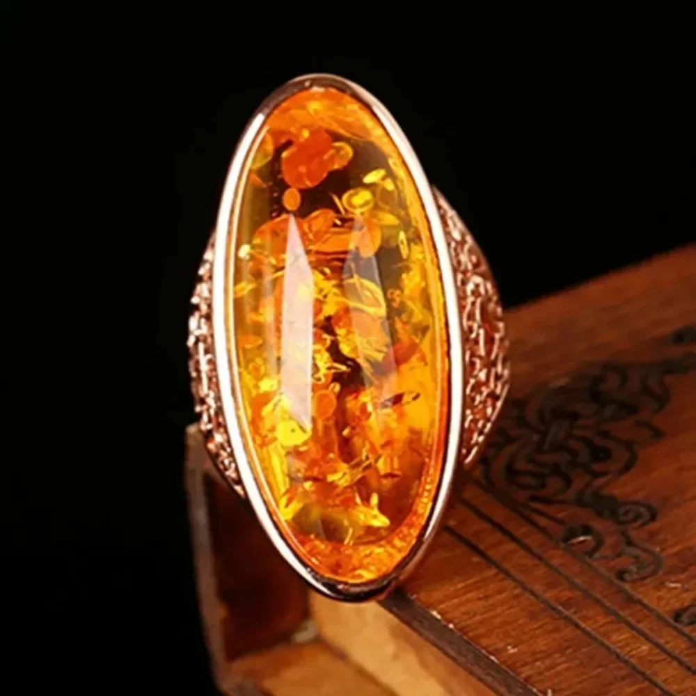 Fashion Large Oval Sea Honey Wax Amber Women's Silver Shiny Black Crystal Rings Replica Jewelry