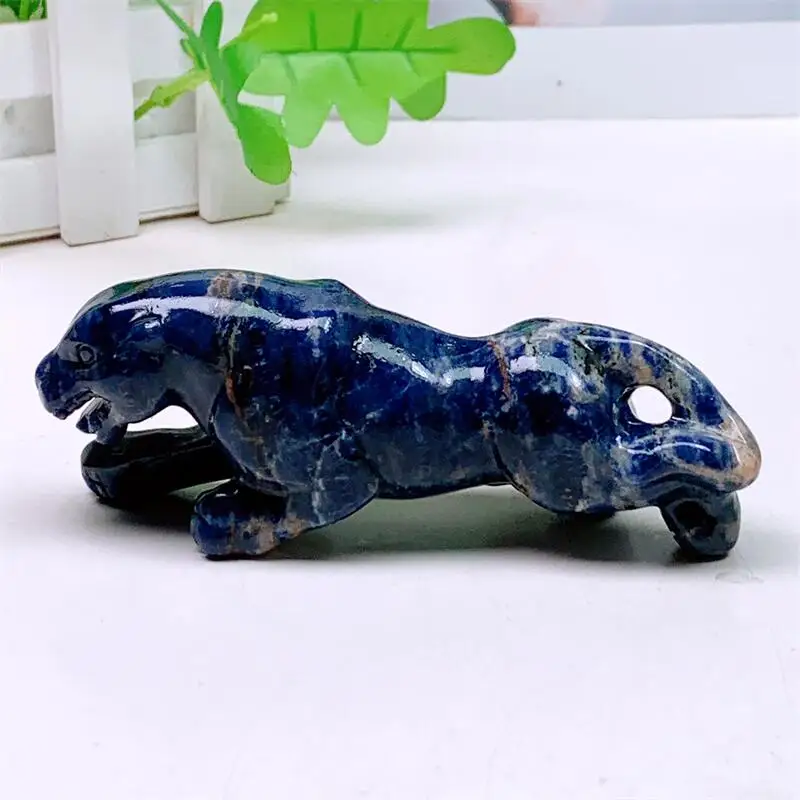 Natural Blue Sodalite Cheetah Carving Polished Animal Powerful Statue for Home Decoration Holiday Gift 1pcs