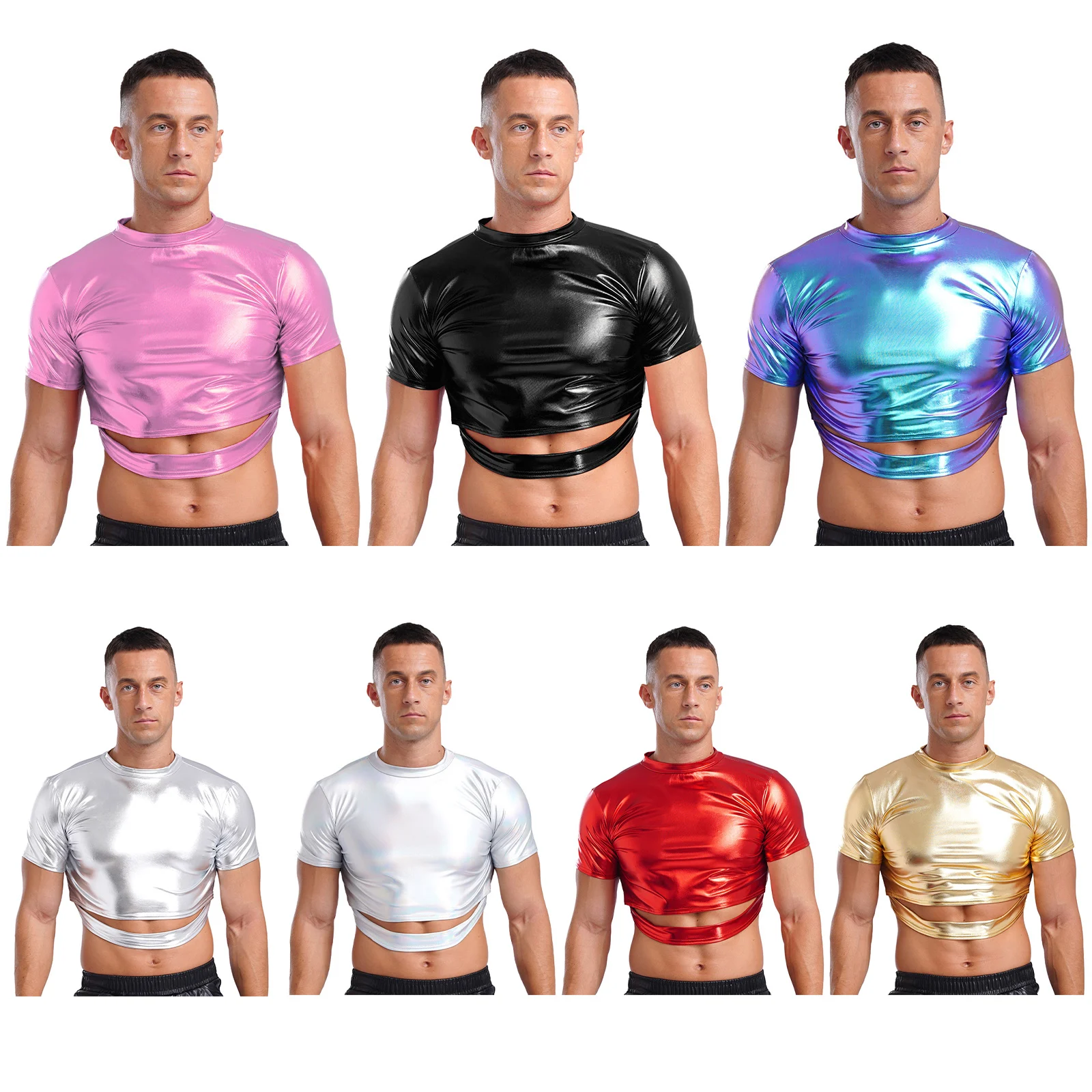 Mens Metallic Shiny Slim Crop Top Mock Neck Short Sleeve Cut Out Shirts Tops Fashion Blouses for Jazz Dance Disco Party Clubwear