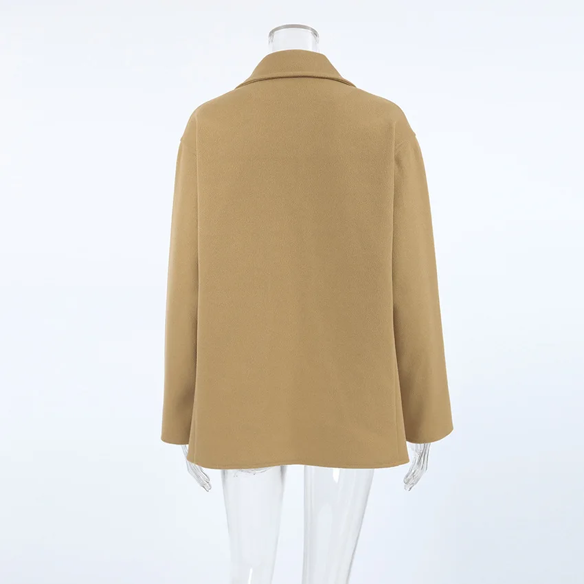 ZAROY Khaki Woolen Coat Autumn Winter Casual Loose Jacket Elegant Turn Down Collar Button Up Tweed Coat Outerwear куртка