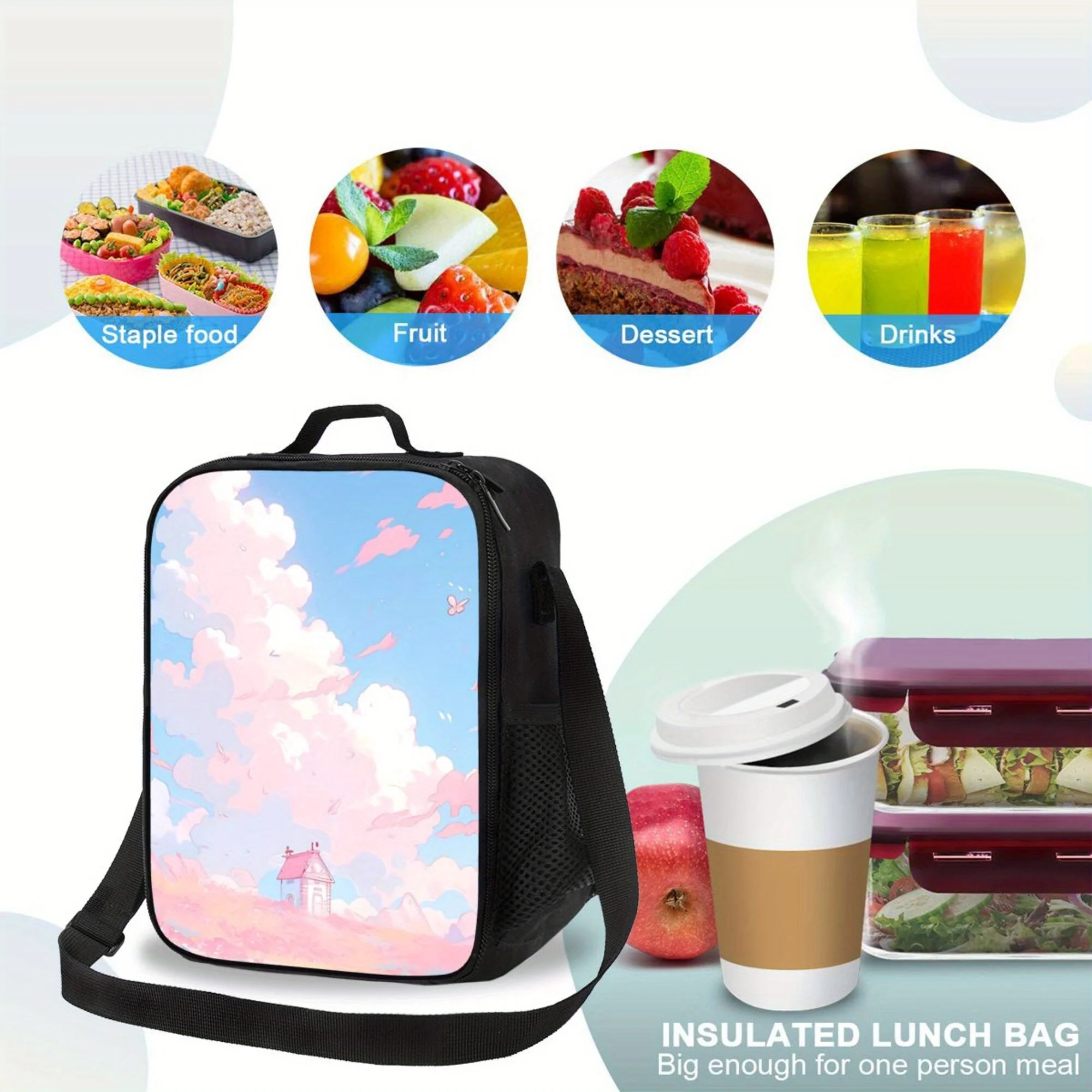 

Romantic White Cloud Pattern, Portable Reusable Cooler Bag, Insulated Lunch Bag, Essential for Camping Picnic Beach,