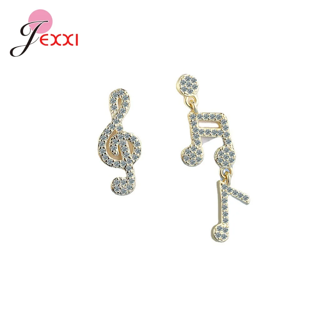 Trend Asymmetric Music Note Design Charms Shiny Zircon Stud Earrings for Women Beautiful Girl Cute Party Jewelry