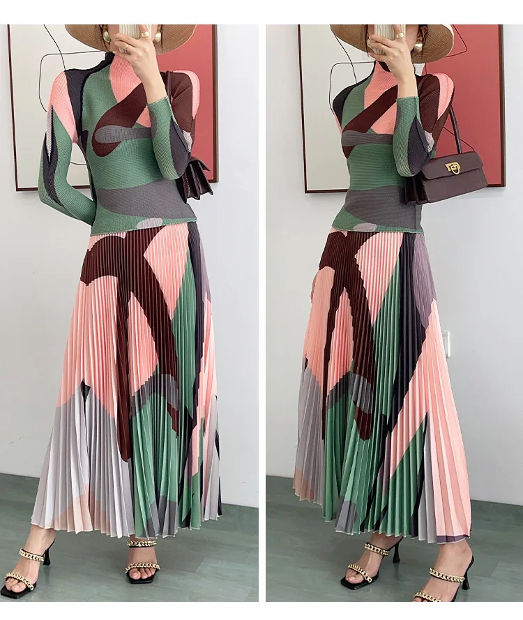 Autumn Runway Miyake Pleated Two Piece Set Women Long Sleeve Colorblock Stretchy Knit Tops + Mid Long Skirt Suit Female Outfits