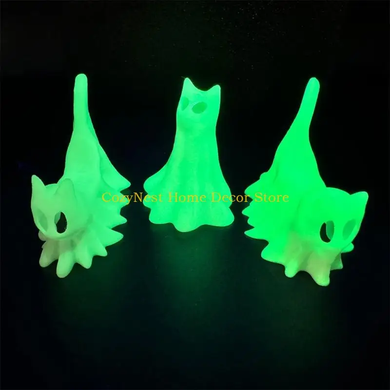 92MF Glowing In Dark Ghostly Cats Figurines 3PCS Set Halloween Home Tabletop Decors