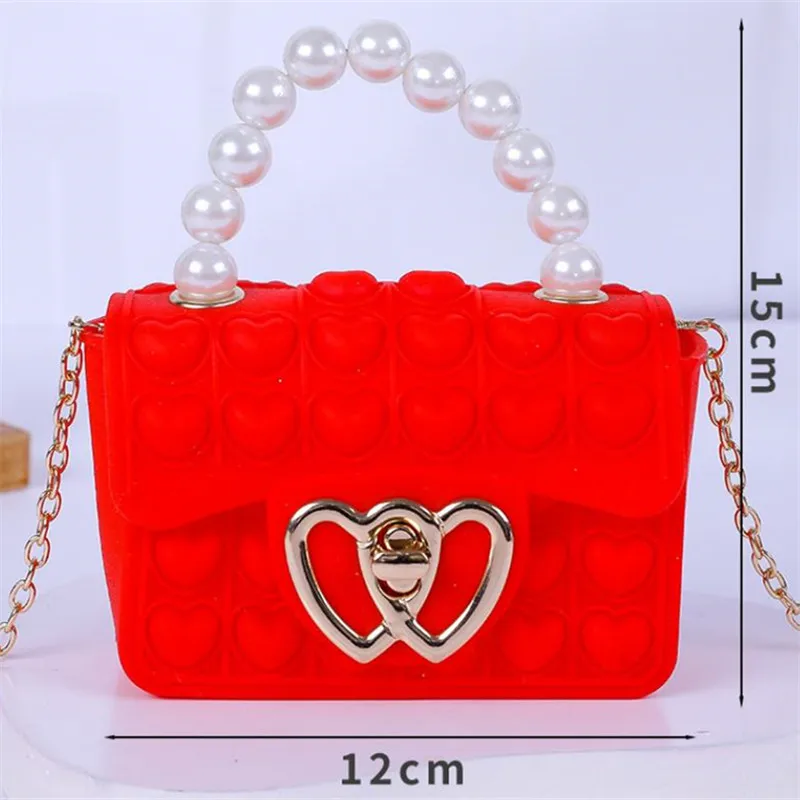 Bolso de gelatina de burbujas de amor de silicona, bolso de mano Pop It con asa de perla de imitación, bolso cruzado de cadena lindo, bolso Popper