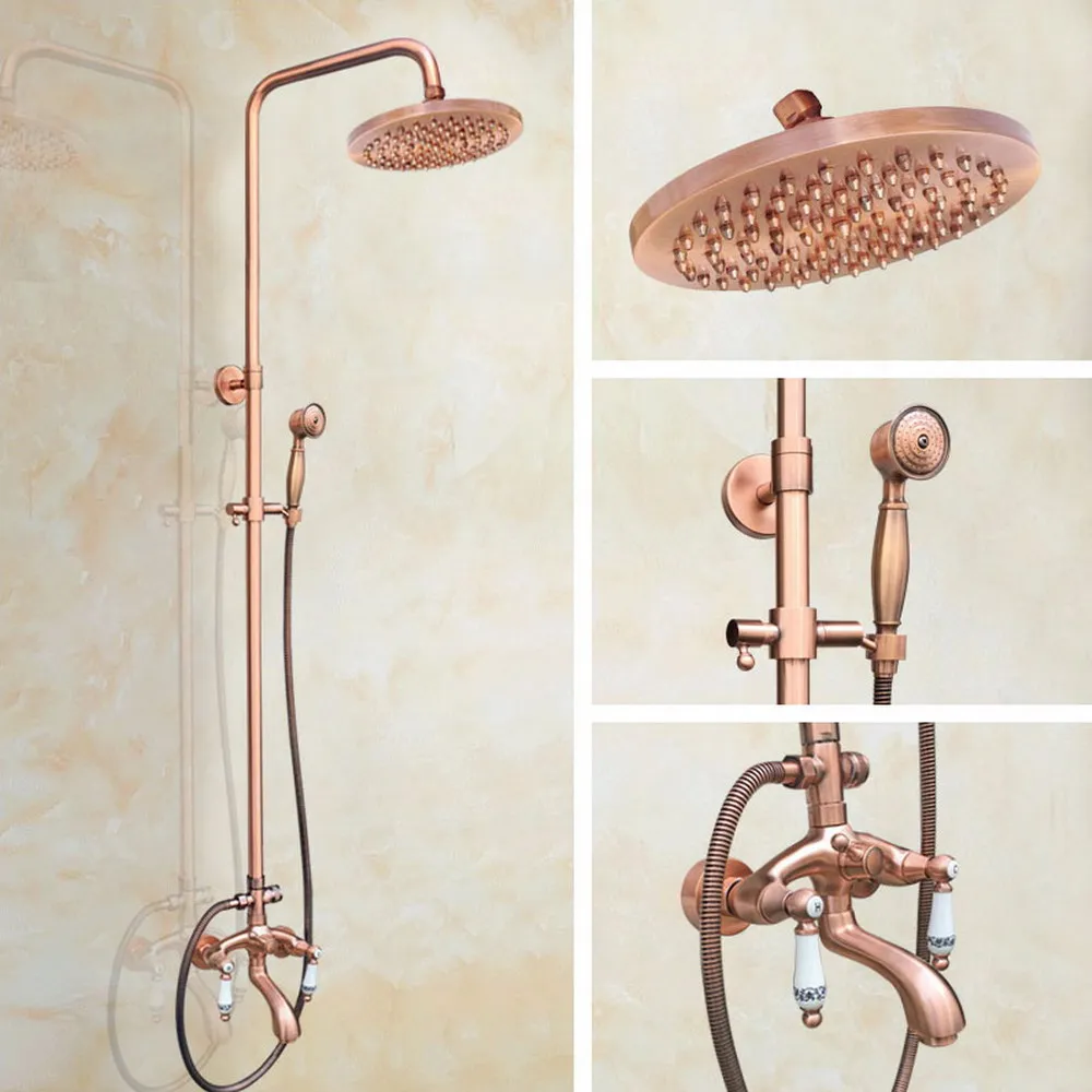

Antique Red Copper Brass Bathroom Round Rainfall Rain Shower Faucet Set Tub Mixer Tap Wall Mounted arg533