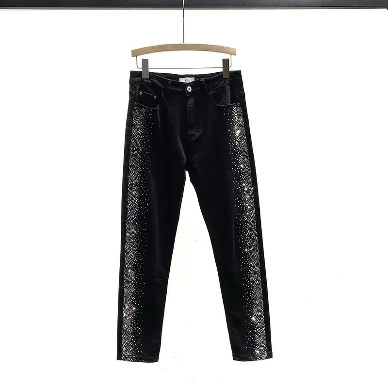 Fashion Heavy Rhinestone Black Jeans for Men 2025 Trendy Casual Stretch Pants High-end Slim Fit Skinny Pants
