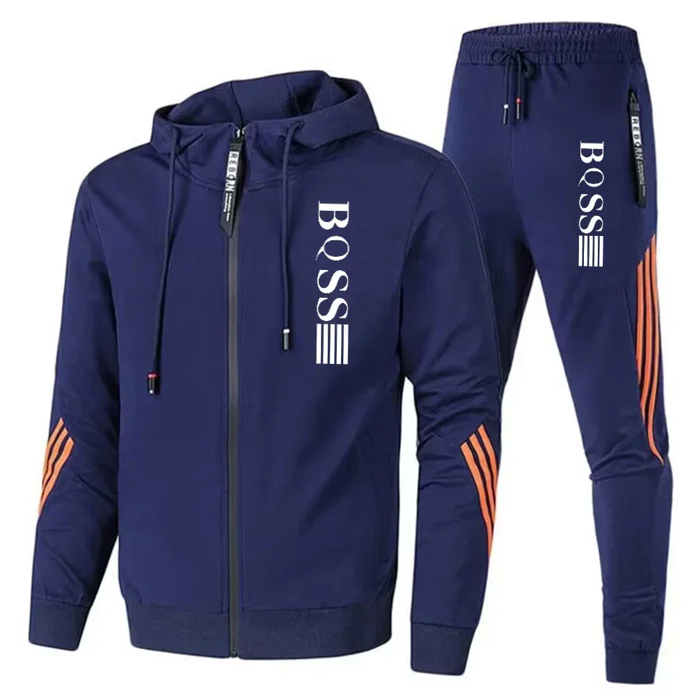 

New Spring and Autumn Men's sportswear set, outdoor hiking windproof and warm men's hooded jacket + jogging pants Casual basketb