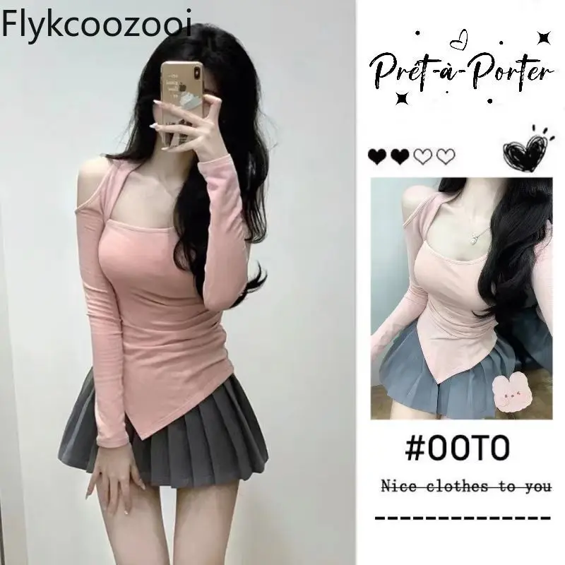 

Spring and Autumn New Pure Pink Off-shoulder Long Sleeve Irregular Niche Top High Waist Pleated Skirt Two-piece Set