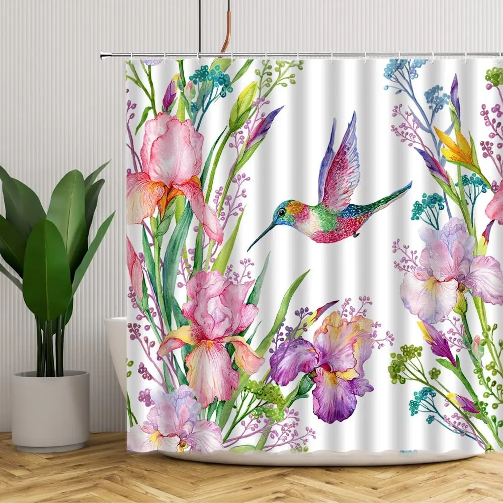 

Hummingbird Shower Curtain Watercolor Flowers and Birds Blooming Petals Floral Plants Bath Curtains Bathroom Waterproof Screens