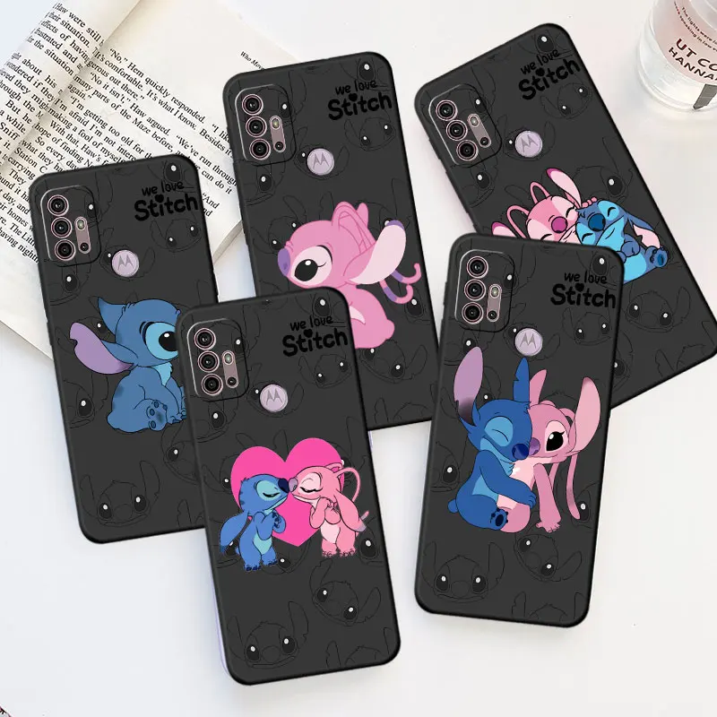 Black Case for Motorola Moto G8 G30 G22 Edge 30 Pro G60 20 One Fusion Plus G9 G51 funda phone Cover D-Disney Stitch Cute Angels