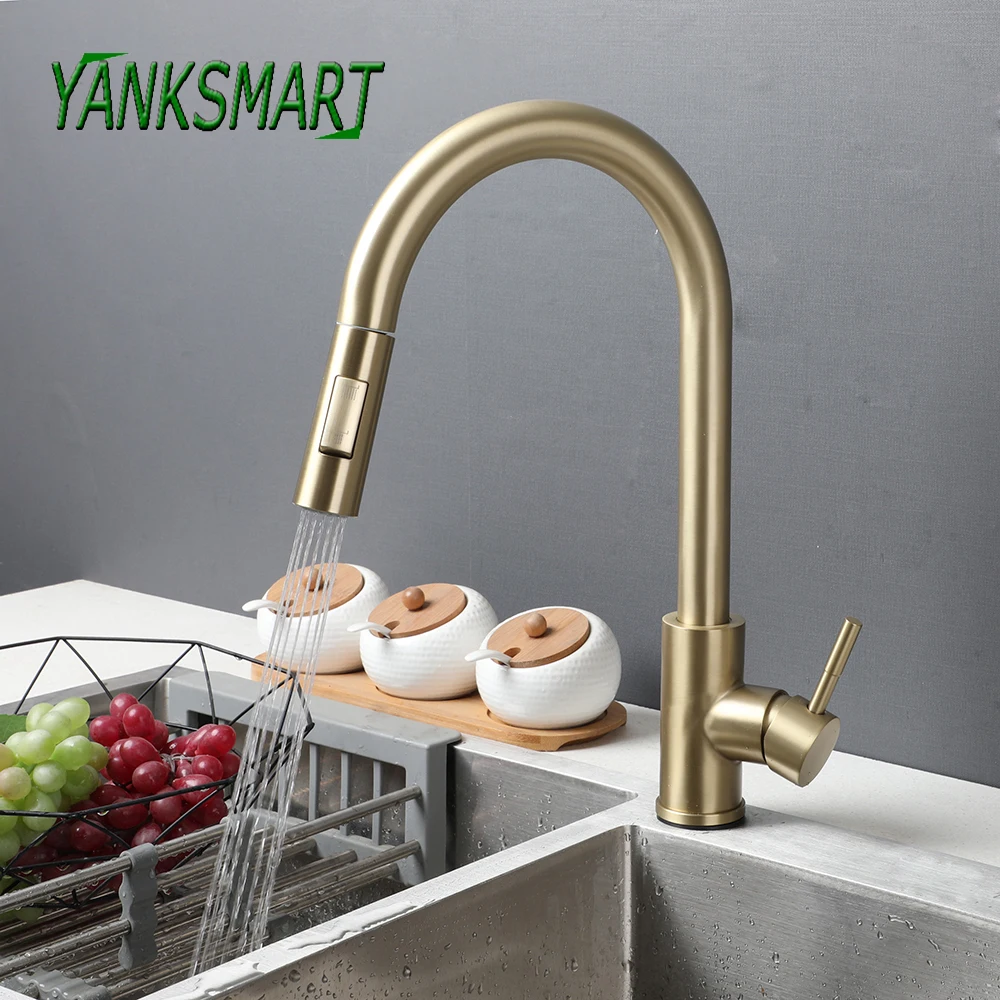 YANKSMART Brushed Gold Pull Out Kitchen Faucet 2 Modes Nozzle Deck Mounted Sprayer & Stream Faucets 360 Rotation Mixer Water Tap