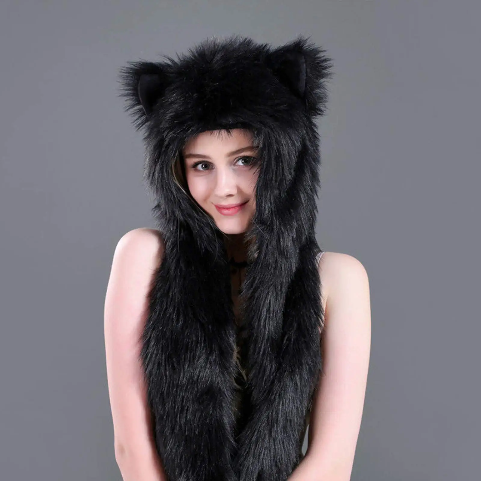 Black Bear, Faux Fur Hood Animal Hat Ear Gloves 3 in1 Fleece Hooded Plush Warm Earmuff Animal Cap with Scarf Gloves