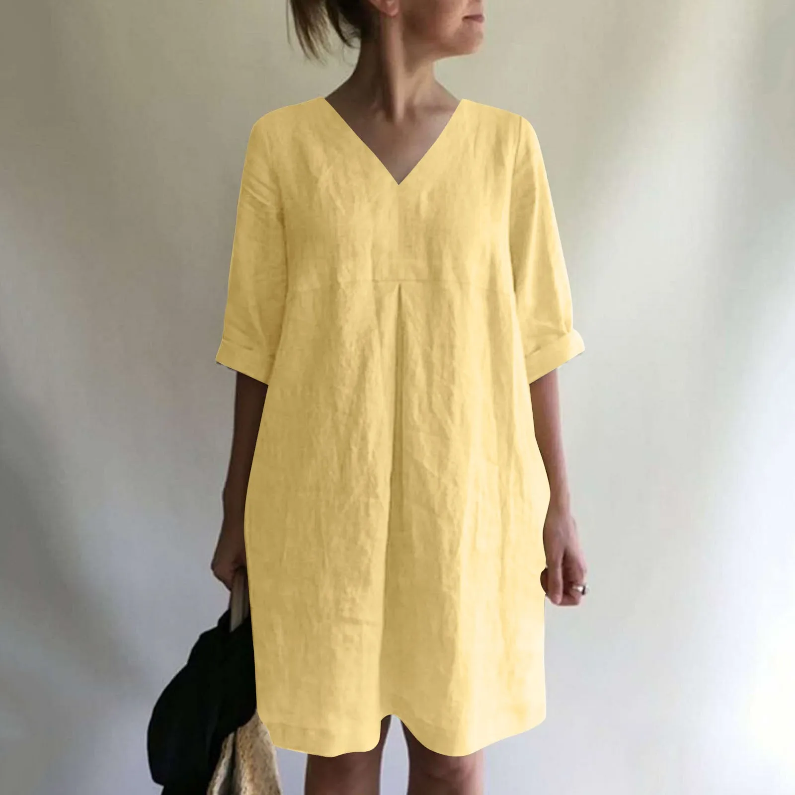 Vintage Women Solid Mini Dress Summer Fashion V-neck Three Quater Sleeve Cotton Linen Dress Ladies Casual Holiday Vestidos