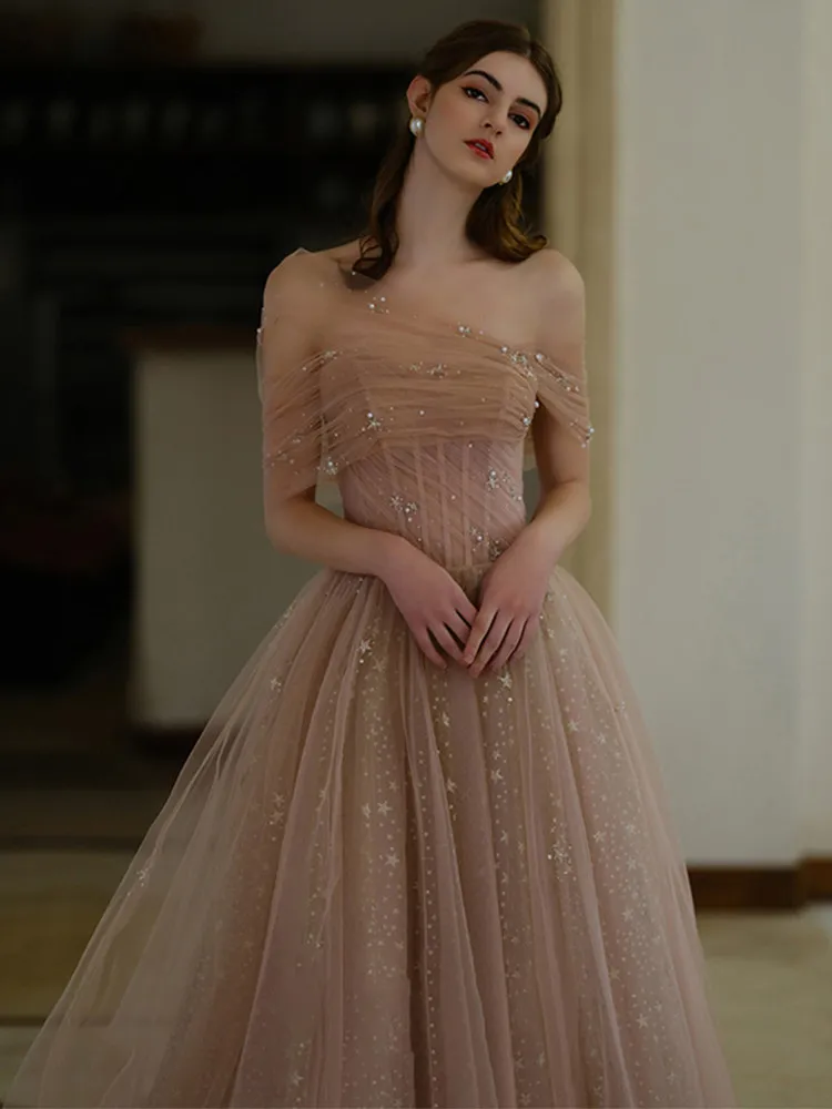 Shining Champagne Evening Dresses Pleats Tulle Sweep Train Zipper/Lace-up Back Prom Dresses 50cm Train Party Gowns