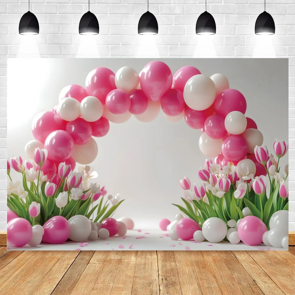 Girls Birthday Party Photography Backdrop Pink Tulip Flowers Balloon Arch Baby Shower Portrait Photo Background Photostudio Prop