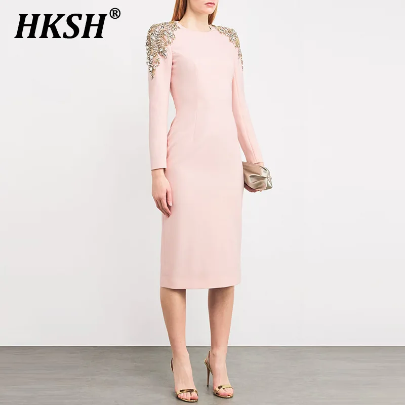 

HKSH Spring Summer New Women's Fashion Elegant Embroidered Flares Studded Diamond Long Sleeved Slim Fit Half Length Dress HK5626