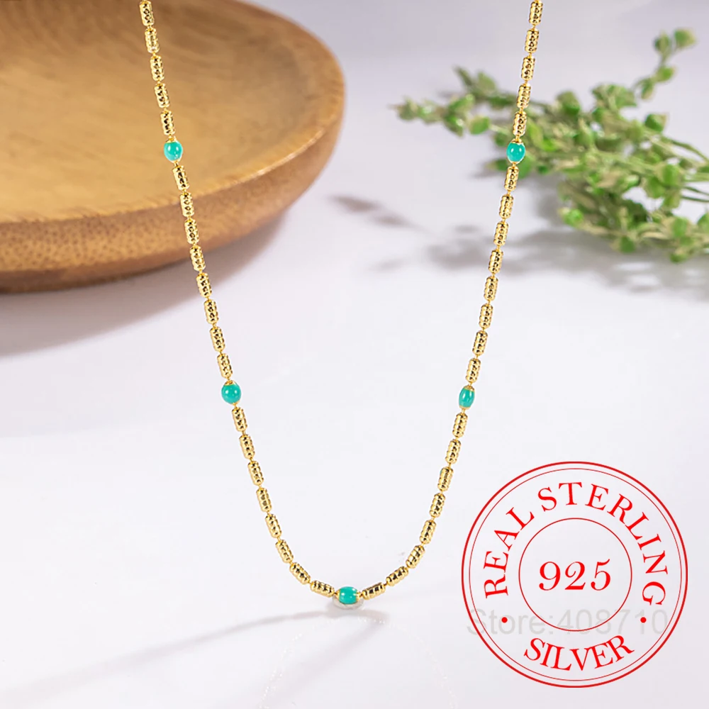 

925 Sterling Silver Jewelry 18K Gold Plated Green Turquoise Chains Necklace for Women Wedding Party Jewelry Girls Friend Gift