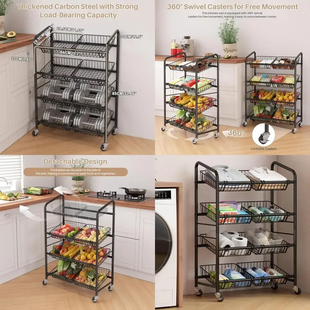 

Rolling Metal Storage Cart with 8 Baskets for Kitchen Fruits, Vegetables, and Snacks - Space-Saving Organizer for Home
