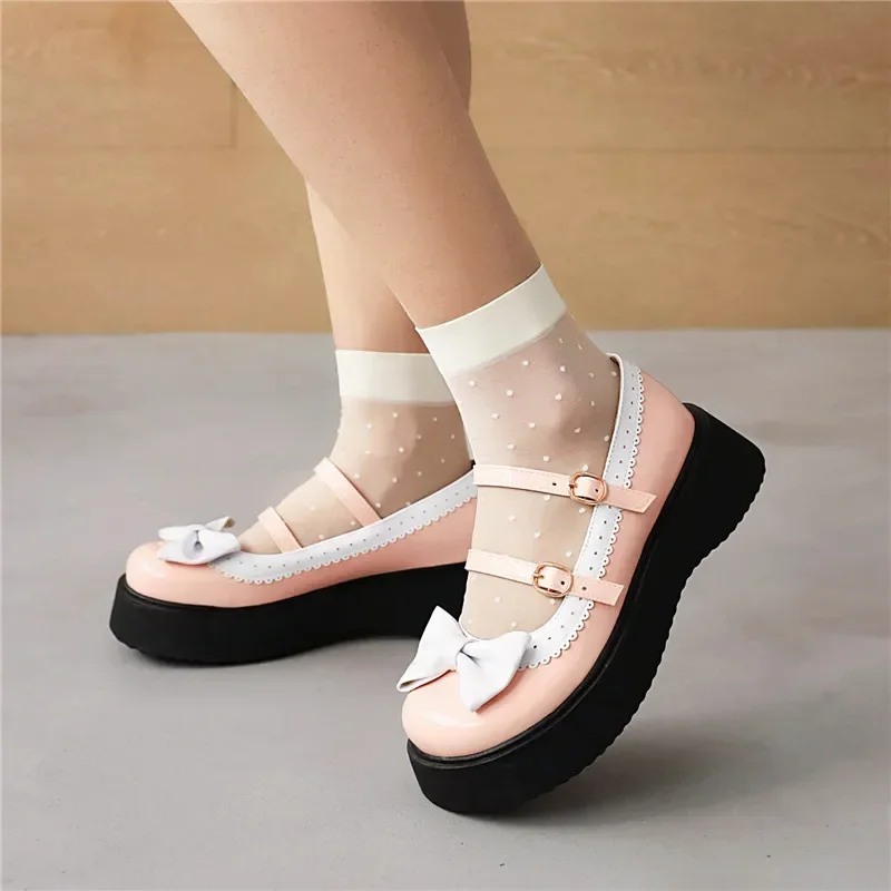 

Sweet College Women Platform Mary Janes Thick Heels Pumps Pink Red Black Patent Leather Dress Preppy Bow Round Toe Lolita Shoes