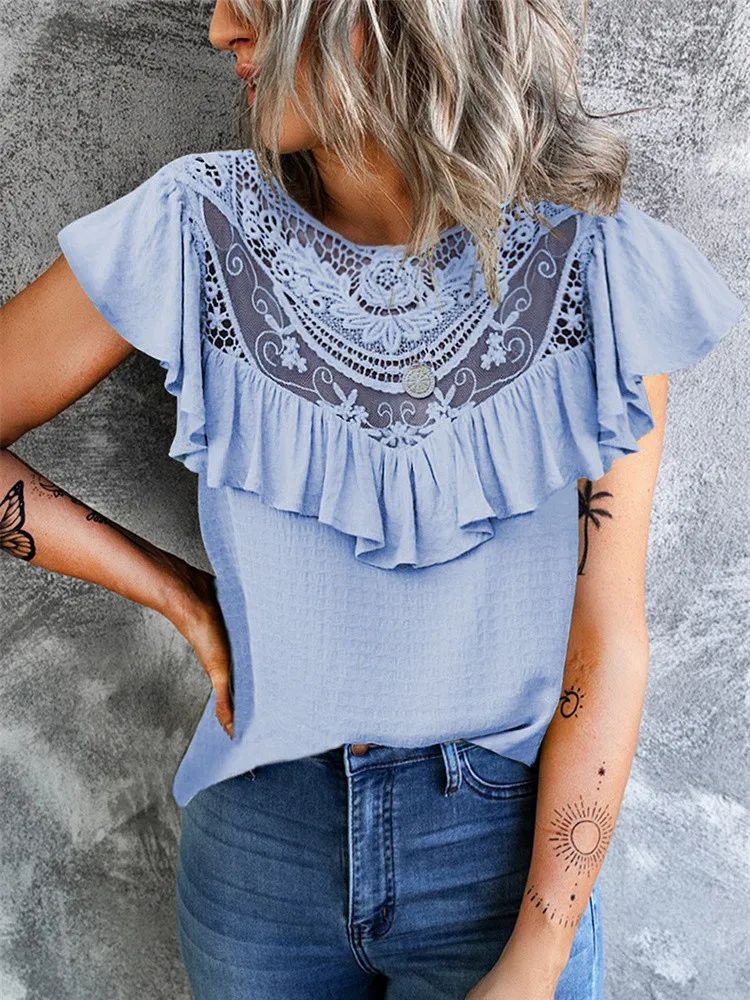 

2022 Fashion Womens Lace Hollow-Out Vest Spring Summer Lady Sleeveless Casual Shirt New Ruffled Round Neck Loose T-Shirt Tops