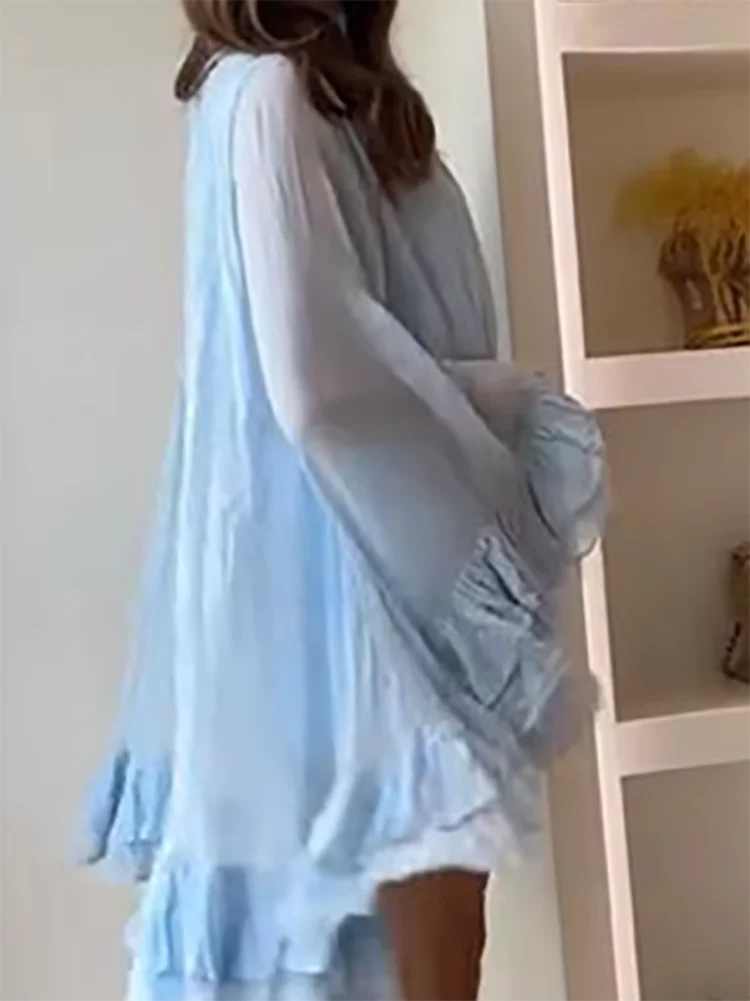 Vestido Mini Casual com Mangas Largas e Soltas para Mulheres, Vestido de Festa Elegante com Dupla Camada de Babados, Vestido Curto de Cor Sólida com Gola Alta