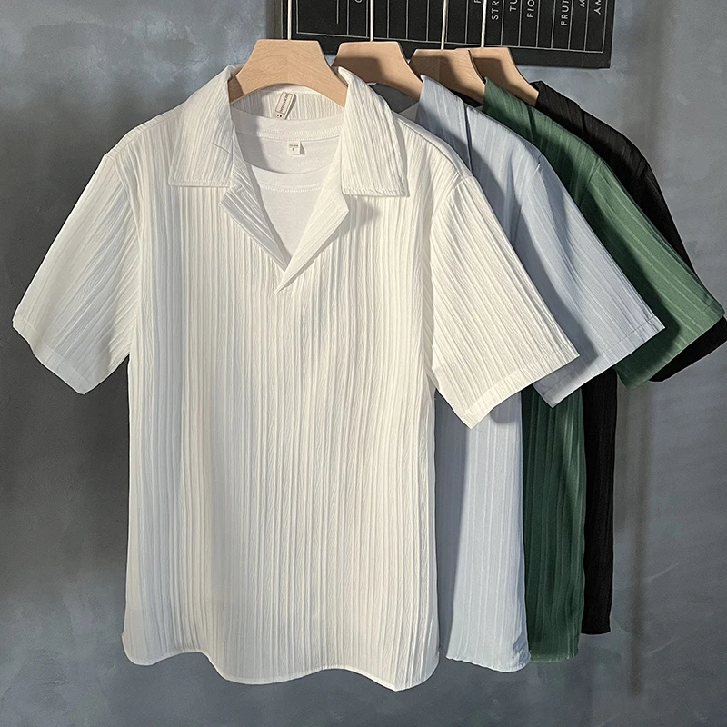 Cuban Collar Short Sleeve Ice Silk Shirt Men's Simple Summer Fashion Loose Fit Youthful Style No Ironing Required