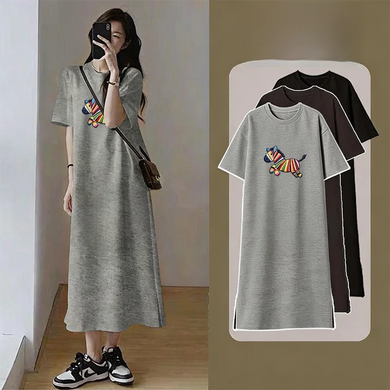 Casual Cotton T-Shirt Dress Women's Summer Loose Slimming Long Knee-Length Slit Printed Short-Sleeved Dress Comfortable Fit