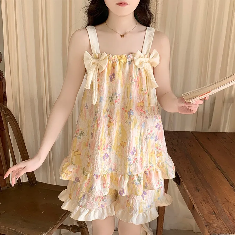 Y2K Cute Sweet Women's Pajamas Set Butterfly Print with Chest Pad Sleepwear Two-piece Bow Ruffle Shorts Soft Summer Pajamas Suit