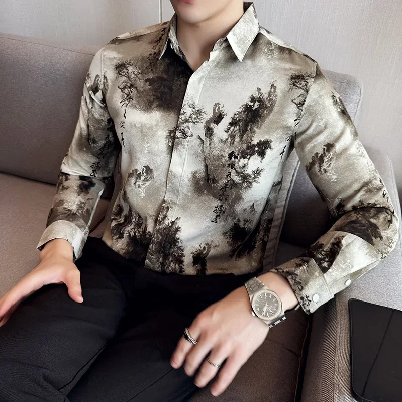 Chinese Style Men's Shirt 2024 Autumn Long Sleeve Casual Shirts Ink Print Business Social Men Clothing Slim Social Party Blouse