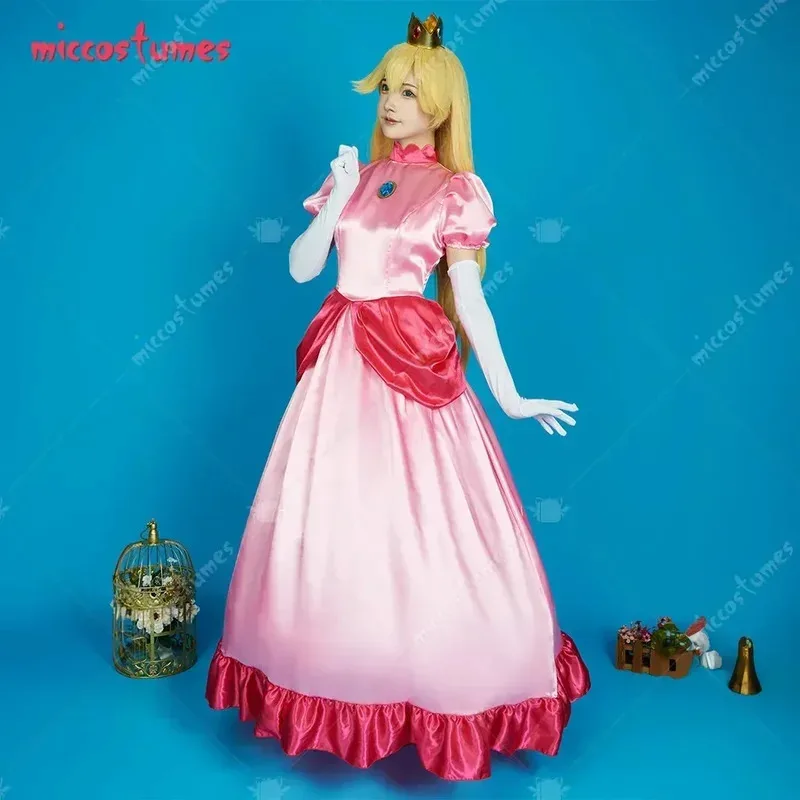 

25COSMiccostumes Женский персиковый костюм для косплея, платье и корона с нижней юбкой и перчатками