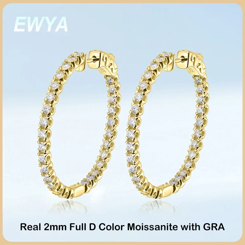 

EWYA Luxury Designer D Color Full 2mm Moissanite Hoop Earrings For Women Party S925 Silver Plated 18K Gold Diamond Earring Gift