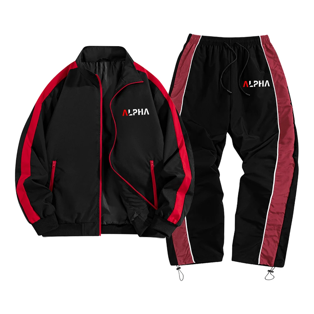 Men's Fashion ALPHA Print Casual Sportswear Set Zip Up Jacket Pants Color Block Design For Streetwear Casual Style And Commute