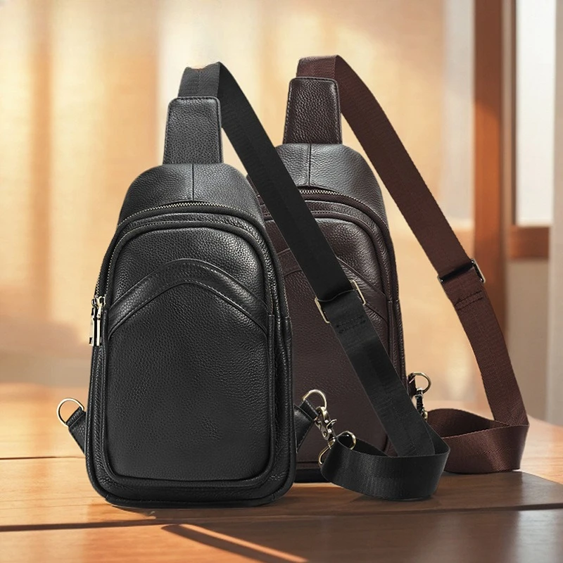 حقيبة صدر من الجلد الطبيعي للرجال، متعددة الجيوب، ذات سعة كبيرة، حقيبة صدر بسيطة عبر الجسم #3