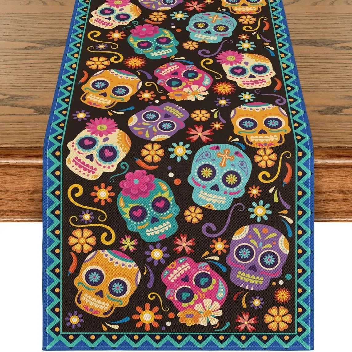 

Mexican Day of The Dead Table Runner Colorful Sugar Skull Halloween Party Decor for Kitchen Dining Room Home Wedding Banquet