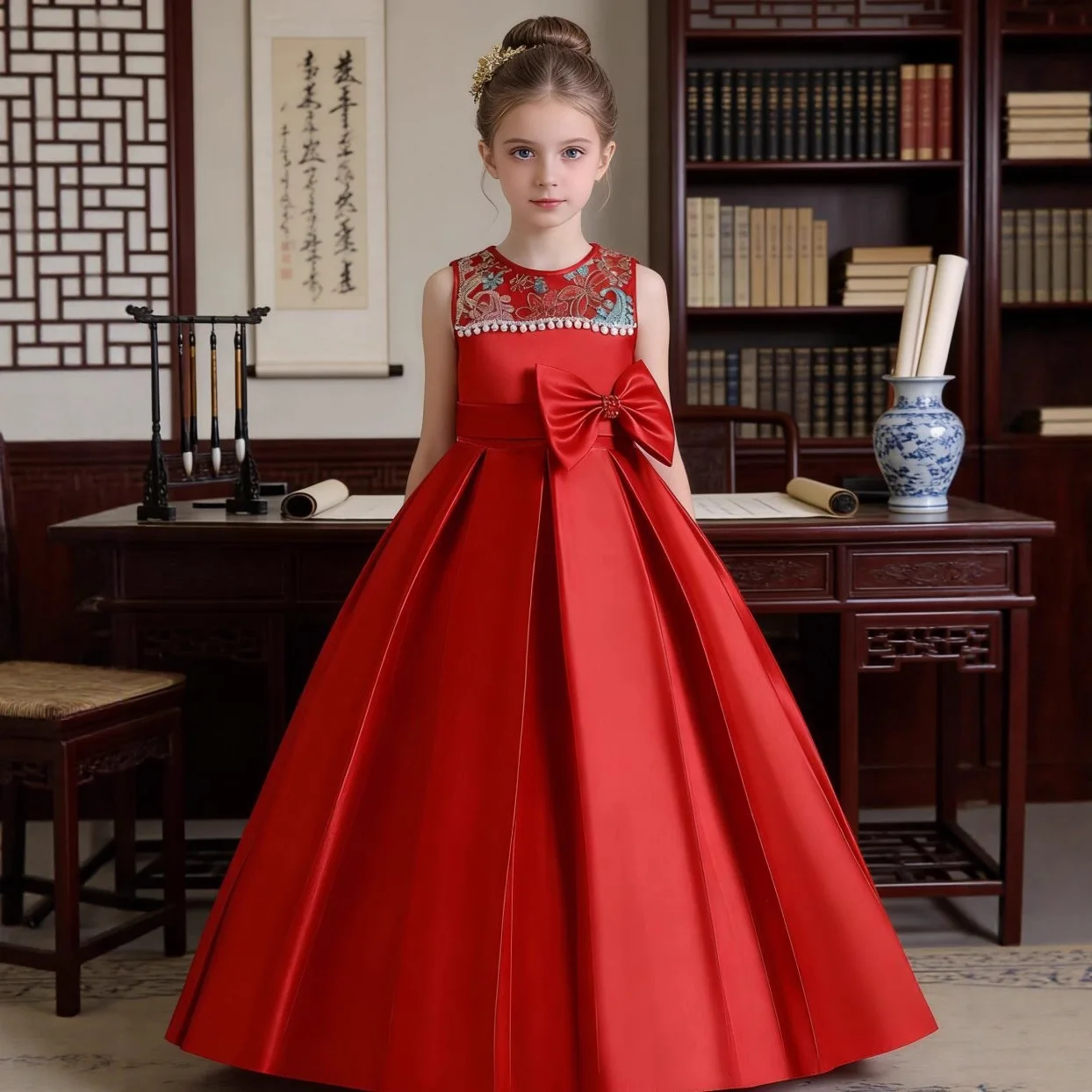 HETISO Elegant Princess Girls Red Embroidered Flower Long Formal Dress Kids Evening Party Prom Gown Christmas Outerwear