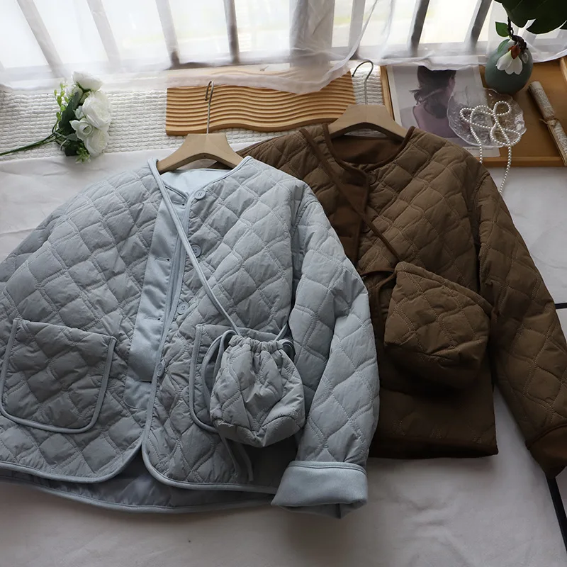 معطف نسائي قطني برقبة دائرية على الطراز الكوري سترة شتوية جديدة صلبة واحدة الصدر سترة سميكة ملابس خارجية سترات عصرية متعددة الاستخدامات