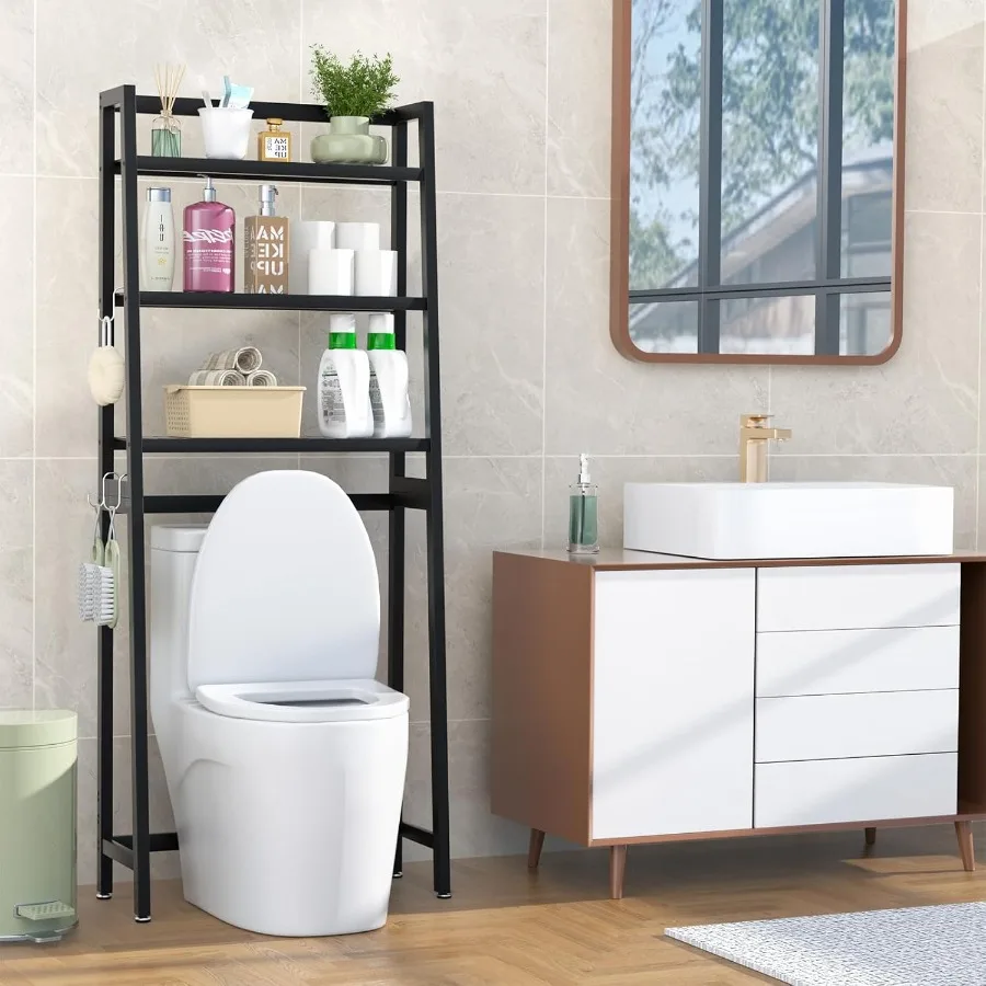 Portaoggetti sopra il WC in bambù, organizer da bagno a 3 livelli, salvaspazio indipendente con 3 ganci, nero, ideale per piccoli bagni M