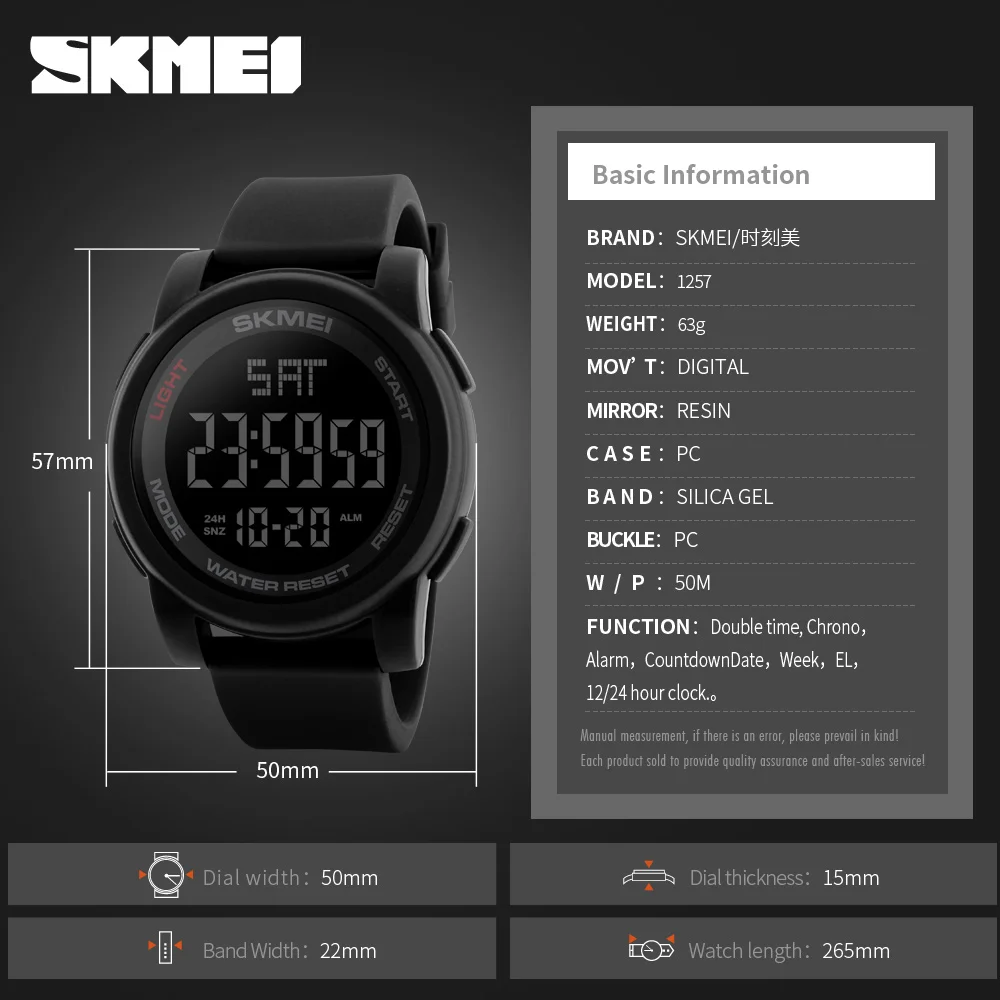 SKMEI 1257  Men Alarm Clock 5Bar Waterproof Watches Multifunction Digital Watch reloj hombre Sport Watch