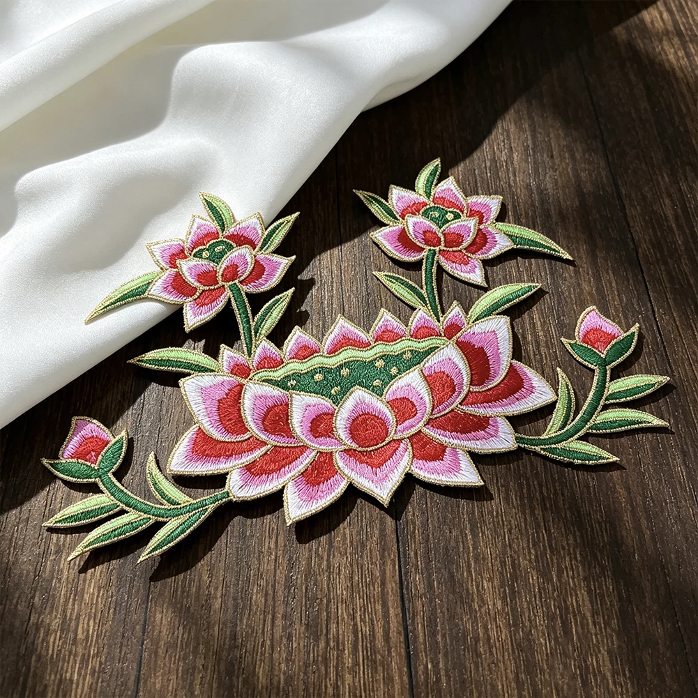 Neuer chinesischer Farbverlauf-Applikationsaufnäher mit rosa Lotus-Stickerei, große Größe, zum Aufbügeln oder Aufnähen, für Heimtextilien, Kleidung, DIY, dekorative Applikation – Detail 2