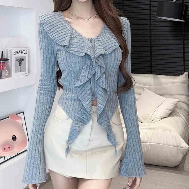 Hot Girls Sexy V-neck Irregular Ruffle Long Sleeve Slim Knitted Sweater Women's Crop Top