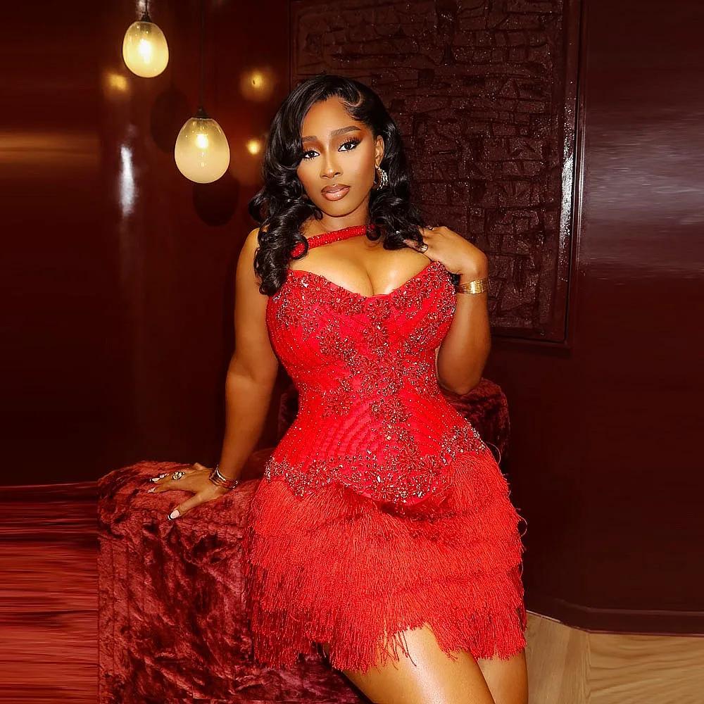 

Red Luxury Mermaid Prom Dresses Sweetheart Beads Sequins Tassels Corset Back Christmas Prom Dress For Photoshoots