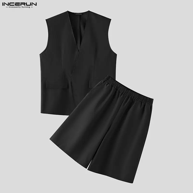 INCERUN Men Sets Solid Color V Neck Sleeveless Vests & Shorts Two Pieces Sets Streetwear 2026 Loose Fashion Men's Casual Suits