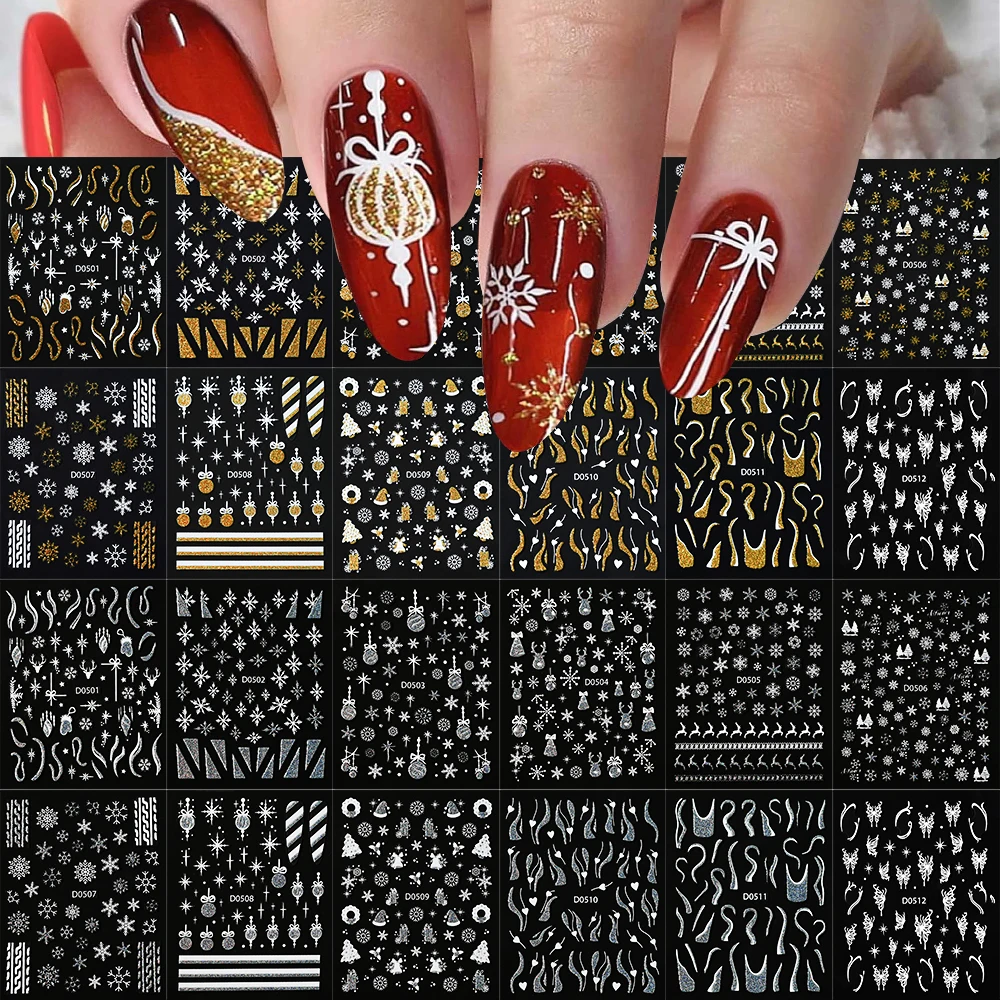 12Pcs/set Winter Xmas Manicure Slider 3D Shiny Glitter Bell Lantern Snowflake Bell Adhesive Decal Christmas Nail Art Stickers