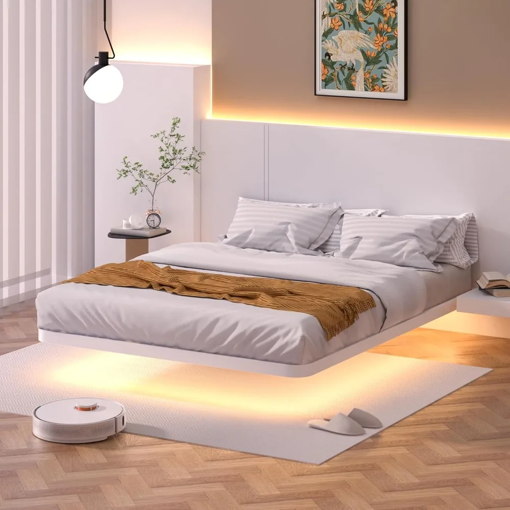 Queen Size White LED-lit Floating Bed Frame with Metal Platform and Heavy-Duty Steel Slats, No Box Spring Required
