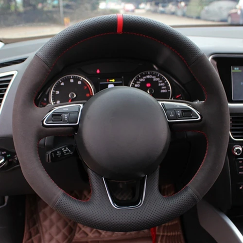 Imagen 1 del producto Funda antideslizante para volante de coche, cosida a mano, cuero genuino negro, gamuza, para Audi Q3 2013-2018 Q5 2013-2017 Q7 2012-2015