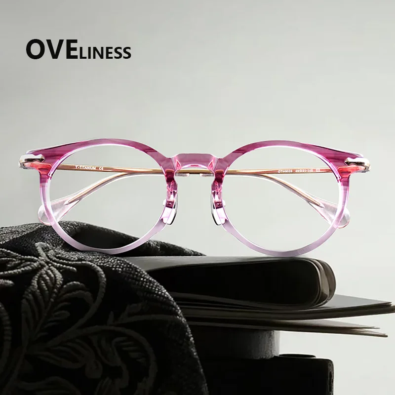 

2027 Acetate Titanium Glasses Frame Women Men Fashion Brand Design Round Eyeglasses frames Vintage Spectacles Japanese Eyewear
